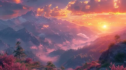 a painting of a sunset over a mountain range