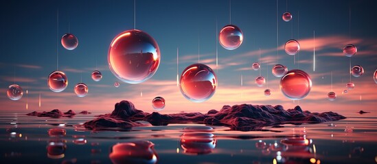 colorful glass balls with reflection on water surface.