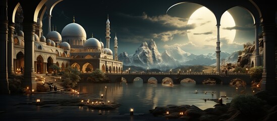 Ramadan Kareem background with arabic lanterns and mosque