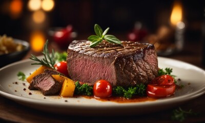 grilled steak with vegetables on plate ready to serve, delicious restaurant food menu