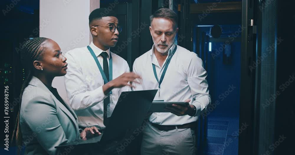 Aufkleber People, teamwork and laptop in server room for programming, engineering and digital tablet solution. Face of manager, technician and group in data center for information technology or code planning