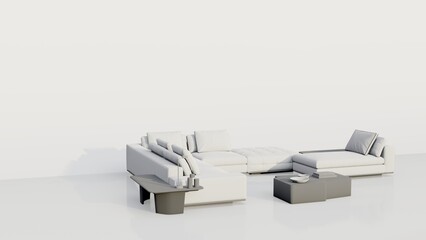 A white couch and a coffee table are shown in a room