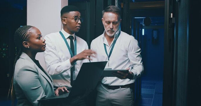 People, teamwork and laptop in server room for programming, engineering and digital tablet solution. Face of manager, technician and group in data center for information technology or code planning