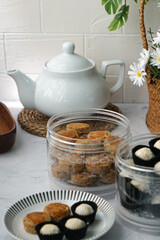 Popular cookies in Malaysia during celebration of Eid Mubarak (Hari Raya) on white background and selective focus.