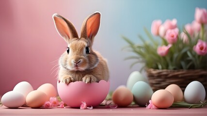 easter bunny and easter eggs, "A cute Easter bunny is hatching from a pink Easter egg. The bunny is adorable, with fluffy fur and long ears. The scene is isolated on a pastel pink background, creating