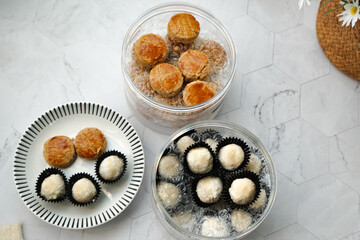Popular cookies in Malaysia during celebration of Eid Mubarak (Hari Raya) on white background and selective focus.