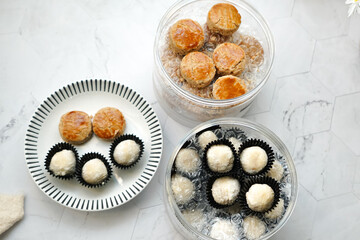 Popular cookies in Malaysia during celebration of Eid Mubarak (Hari Raya) on white background and selective focus.