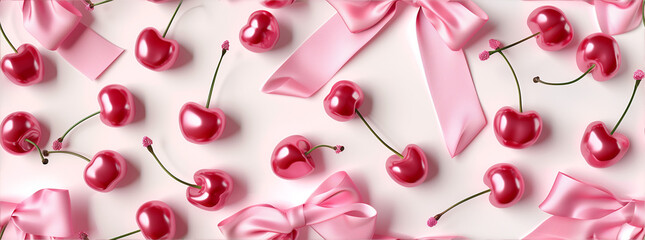 Elegant Pink Cherry Composition with Satin Ribbons
 - obrazy, fototapety, plakaty