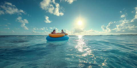couple floating in an inflatable tube in the ocean. - obrazy, fototapety, plakaty