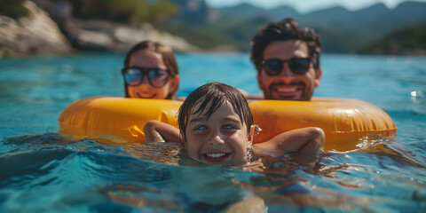 Kid in a yellow raft with a man and a woman in the water. - obrazy, fototapety, plakaty