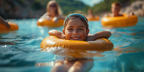 a child in a water with an inflatable ring in the water. - obrazy, fototapety, plakaty