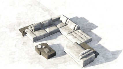 A white couch and a coffee table are shown in a room