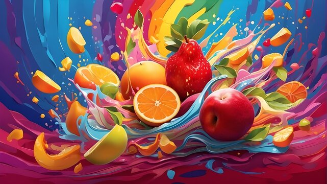 "A digitally rendered illustration of fruits with slices and juice splashes in rainbow colors, creating a lively and exuberant scene. The fruits are depicted with a combination of realism and stylizat