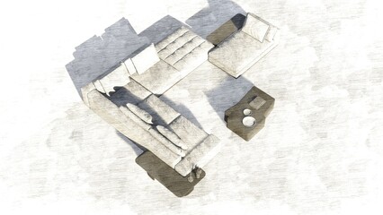 A white couch and a coffee table are shown in a room