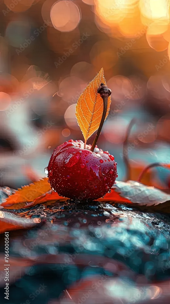 Poster a red apple sitting on top of a leaf covered ground