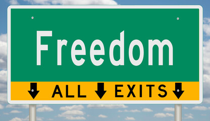 Green and yellow highway sign with exit arrow for FREEDOM