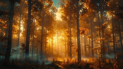 A forest where the trees are luminescent casting a soft glow