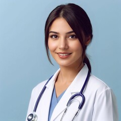 a female doctor with a stethoscope on her neck. 