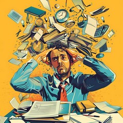 The man trying to multitasking and make him stressed because the jobs cant be finished, illustration media AI Image Generative. - obrazy, fototapety, plakaty