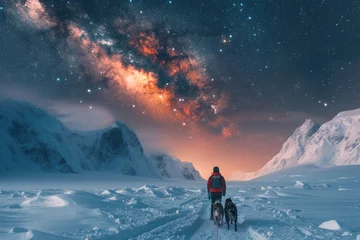 Rolgordijnen Frozen journey, person with sled of dogs traverses snowy antarctica, an epic adventure through icy landscapes with loyal canine companions, exploring the remote and pristine wildernes © Ruslan Batiuk