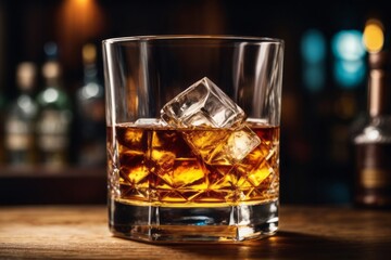 Glass of alcoholic whiskey with ice cubes on wooden bar table