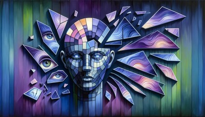 Mosaic-like human profile with sharp geometric patterns and vivid colors, expressing the multifaceted nature of identity and perception - obrazy, fototapety, plakaty