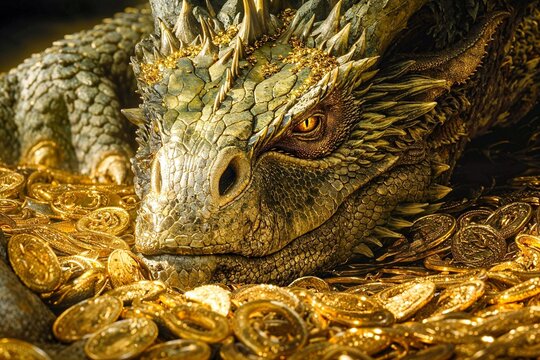 Dragon guarding a hoard of gold coins, mythology, Beowulf, Fafnir
