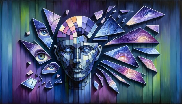 Mosaic-like human profile with sharp geometric patterns and vivid colors, expressing the multifaceted nature of identity and perception