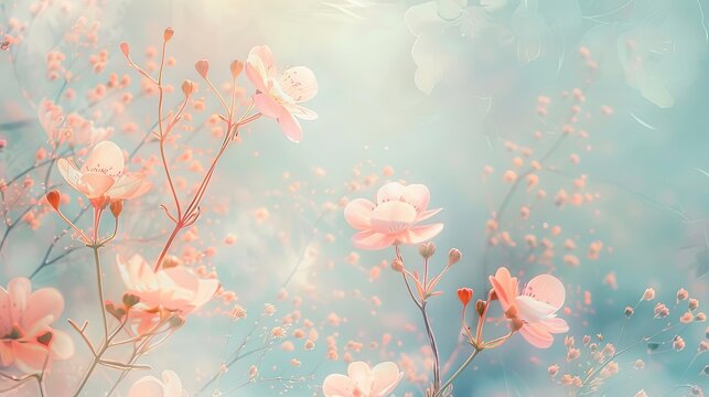 Ethereal Spring Flowers in Delicate Botanical Art Style, Pastel Abstract Background