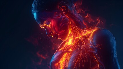 Illustration of a heart attack transparent background, in medical illustration style The human body is seen from the front and glows blue with an X-ray effect showing. AI image Generative