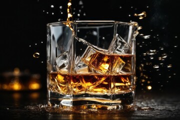Glass of whiskey alcohol splash with ice cubes on black background