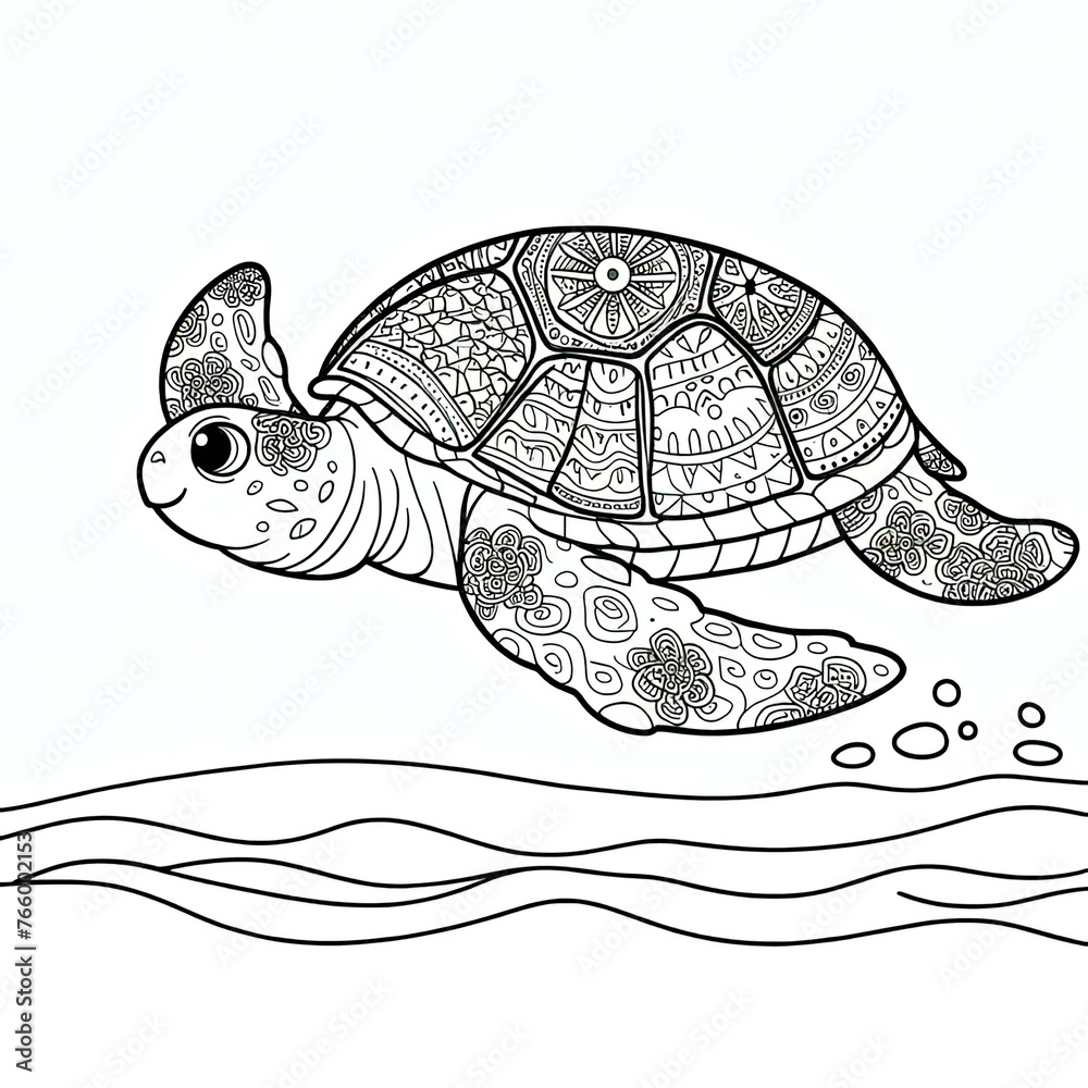 Wall mural a black and white drawing of a turtle swimming