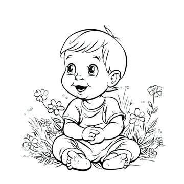 recommend clip art: a black and white drawing of a baby sitting in the grass
