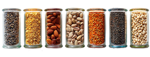 Panorama of glasses with different types of nuts, seeds and grains in storage jar such as...