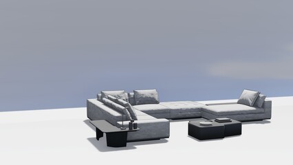 A white couch and a coffee table are shown in a room