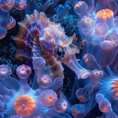 Obraz premium a close up of a sea horse on a coral