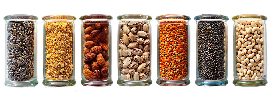 Panorama of glasses with different types of nuts, seeds and grains in storage jar such as sunflower, cashew, pistacia,almonds, lentils isolated on transparent background.