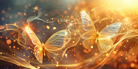 Butterfly illustration with Transparent and golden line  and backlight - obrazy, fototapety, plakaty