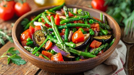 A salad made with asparagus beans, tomatoes, eggplant, and asparagus.