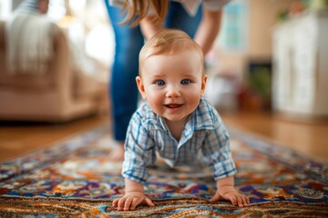 Happy baby boy learning to take his first steps at home with his mothers help.