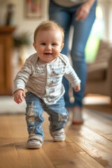 Happy baby boy learning to take his first steps at home with his mothers help.