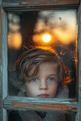 portrait of a child looking curiously at the camera through a window reflecting the sunset