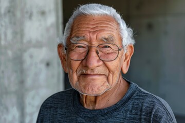 An old man with glasses is smiling at the camera