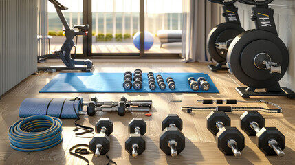 Fototapeta premium Neatly Arranged Fitness Equipment in a Home Gym
