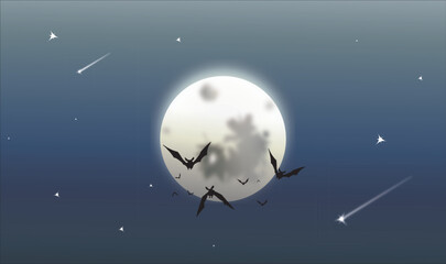 Explore the enchantment of the night in my illustration! A radiant moon, broken stars, and graceful flying bats create a magical scene. Let your imagination soar!