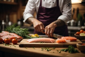 male chef cutting raw fish on wooden table in kitchen