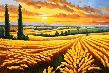 Poster beautiful landscape watercolor painting of farmland full of fields of wheat crops and trees, cloudy sunset sky and mountains in the distance © EliasKelly