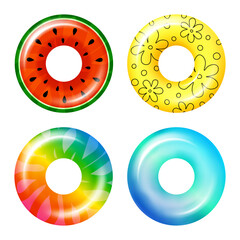 A set of summer inflatable rings. Realistic multicolored swimming rings isolated on a transparent background. Summer element. Vector illustration