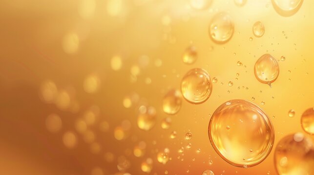 Golden liquid background with oil bubbles and shimmering golden droplets for stunning visuals