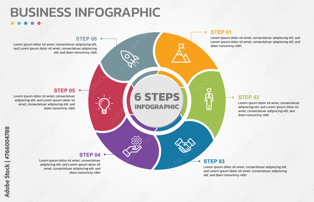 Aufkleber Visual data presentation. Cycle diagram with 6 options. Pie Chart Circle infographic template with 6 steps, options, parts, segments. Business concept. Marketing infographic vector illustration.